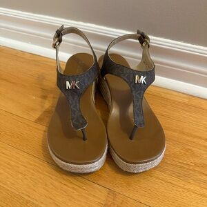 Michael Kors Brown MK Logo Espadrille Wedge Thong Sandals